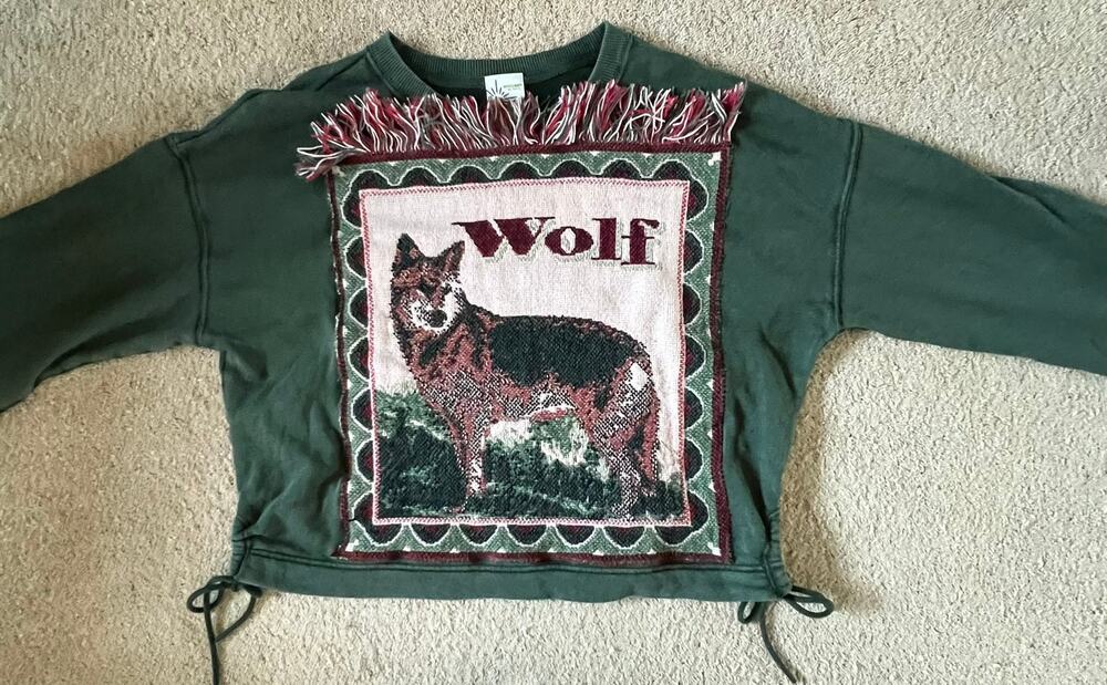 Wolf tapestry sweatshirt, fringe, upcycled, cropped crewneck, Aerie Oversize SM